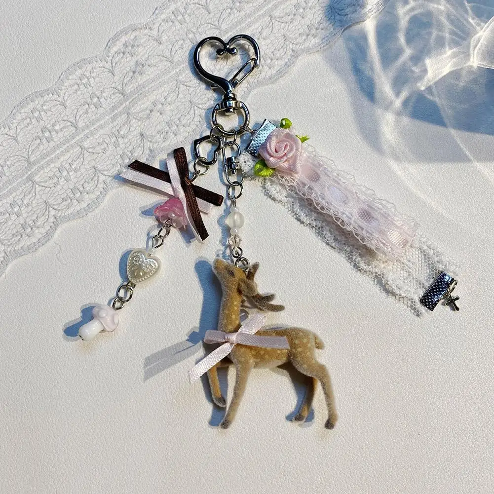 Delicate Deer Keychain Lace Bow Dangle Key Ring Handmade Phone Charms Bag Pendant For Backpack Purse Decor Girl Gift
