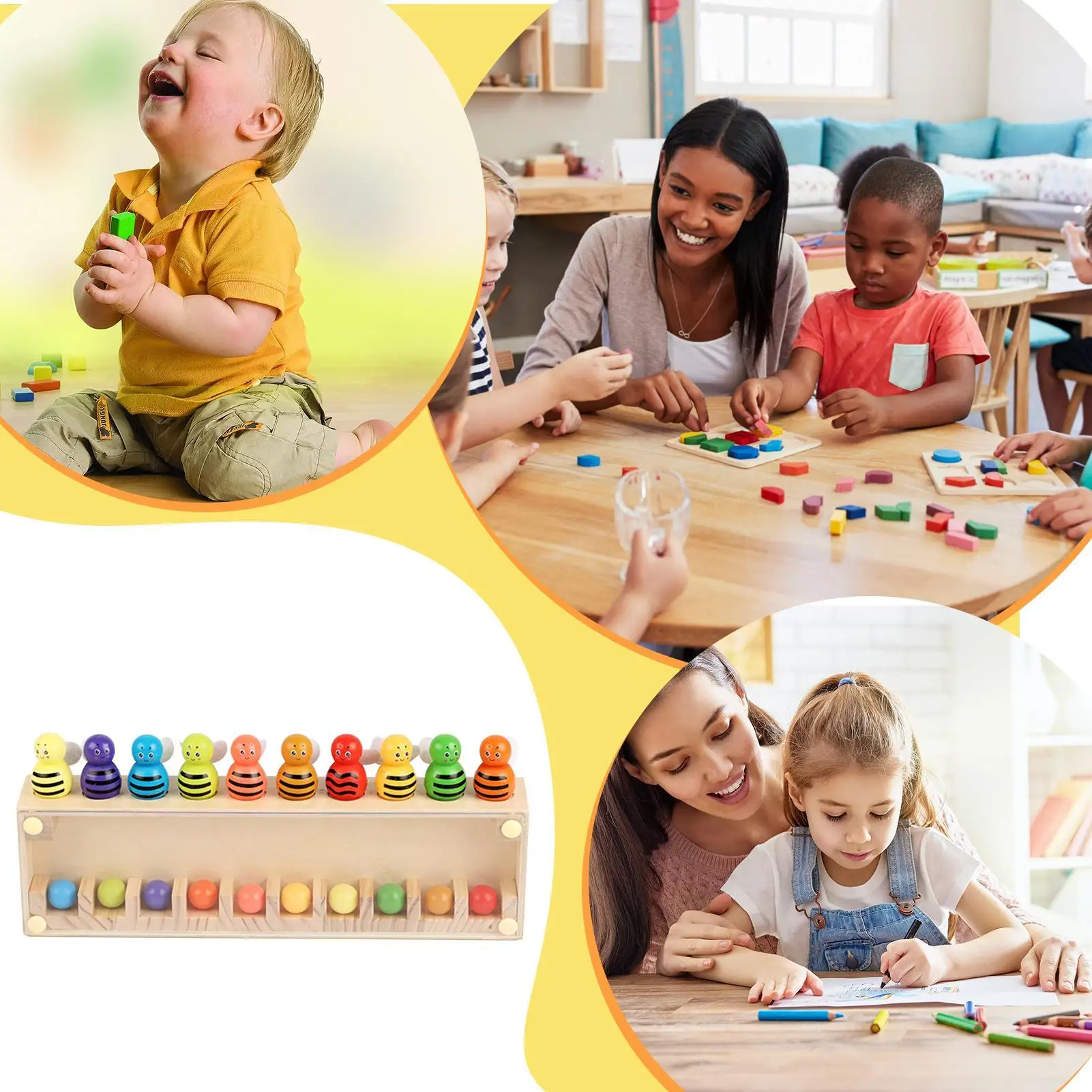 لعبة مطابقة للأطفال لعبة تعليمية ملونة على شكل نحلة خشبية لعبة التعليم المبكر للمدرسة والبنات والأولاد ورياض الأطفال #4