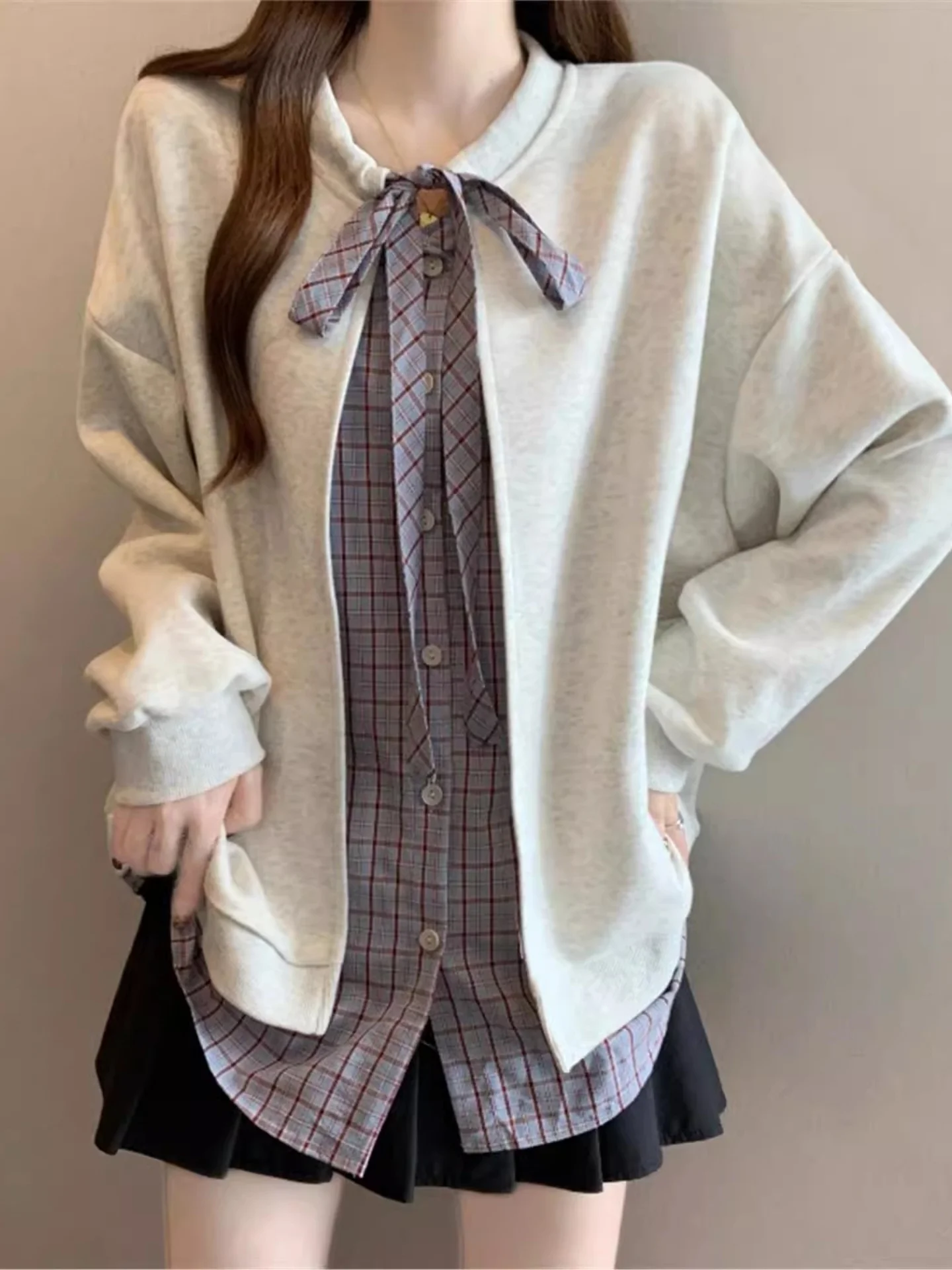 

Loose Fit Long Sve Hoodie Women's Sle Patchwork Lazy Faion Top Korean Version round Ne Regular Thin Winter New