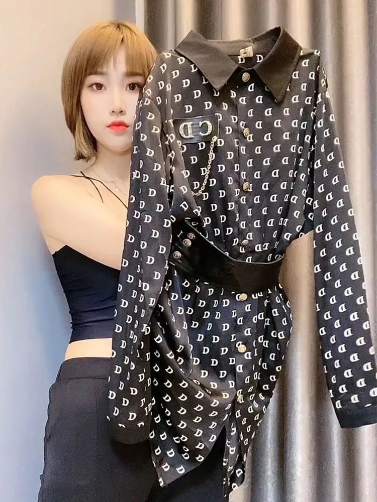 

2026 New Women's Long Sve irt Design Sensation Mid-Length Waist-Cinching Acetate irt Hong Kong Sle Commute Simple