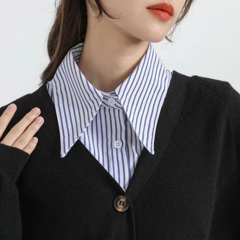 Women Blue Striped Half Shirts Autumn Detachable Dickey Lapel False Collar Multifunctional Layering Crop Top for Sweater