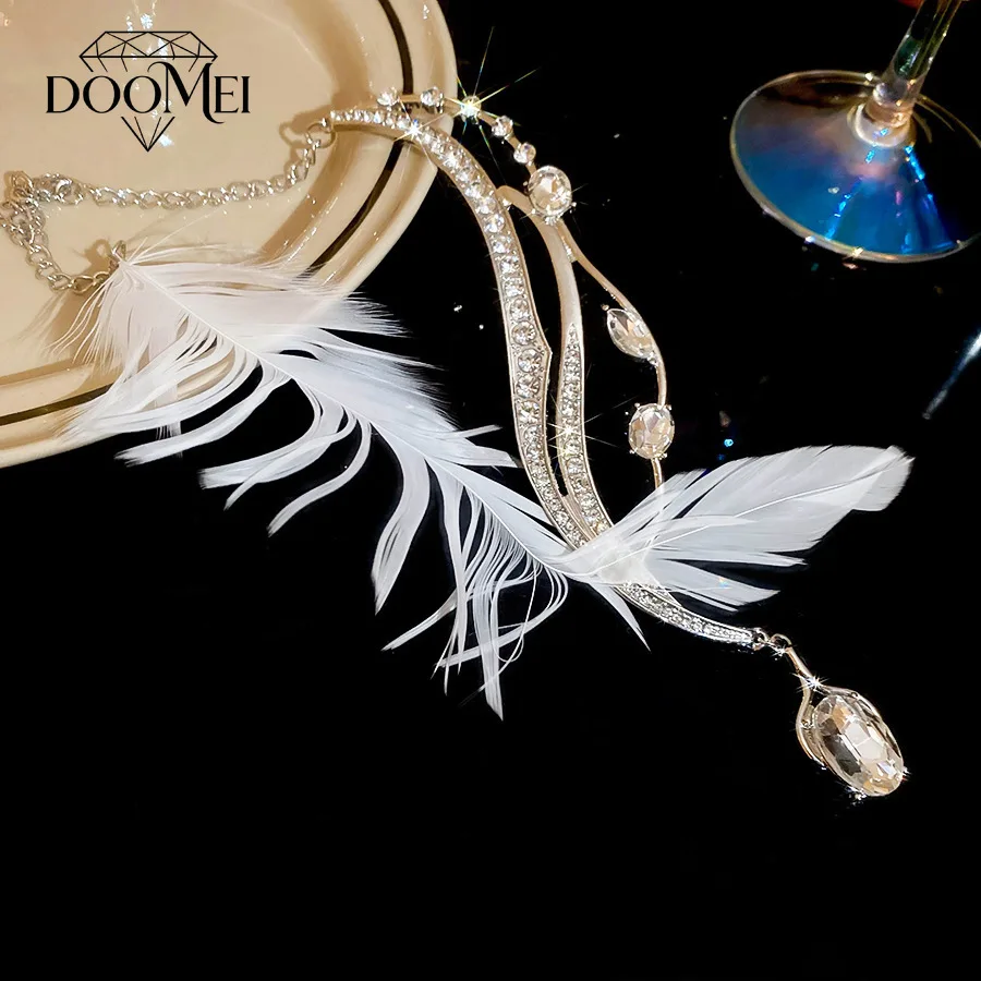 DOO MEI Asymmetrical White Feather Rhinestone Statement Necklace for Women Teardrop Crystal Pendant Wedding Bridal Jewelry