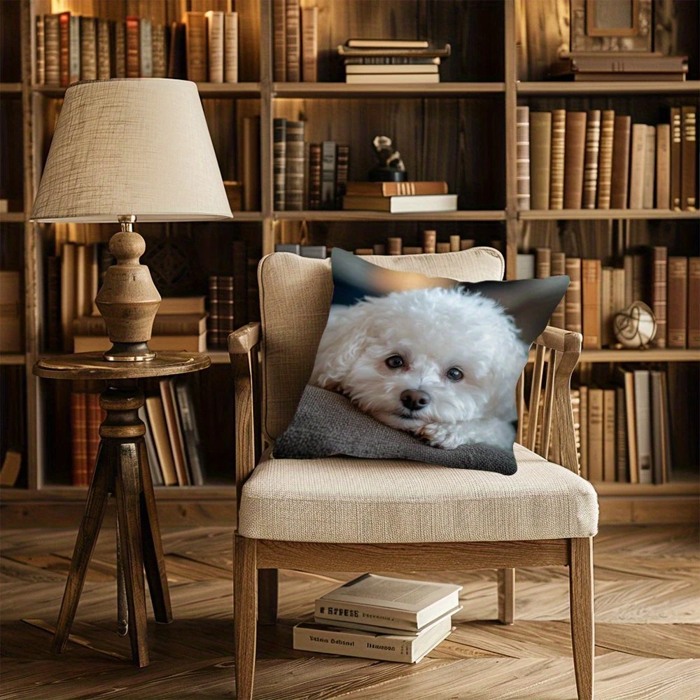 1PC Bichon Frise Puppy Dog Pillow CoverPolyester Cushion Case for Sofa Couch Living Room Bedroom Home Decor