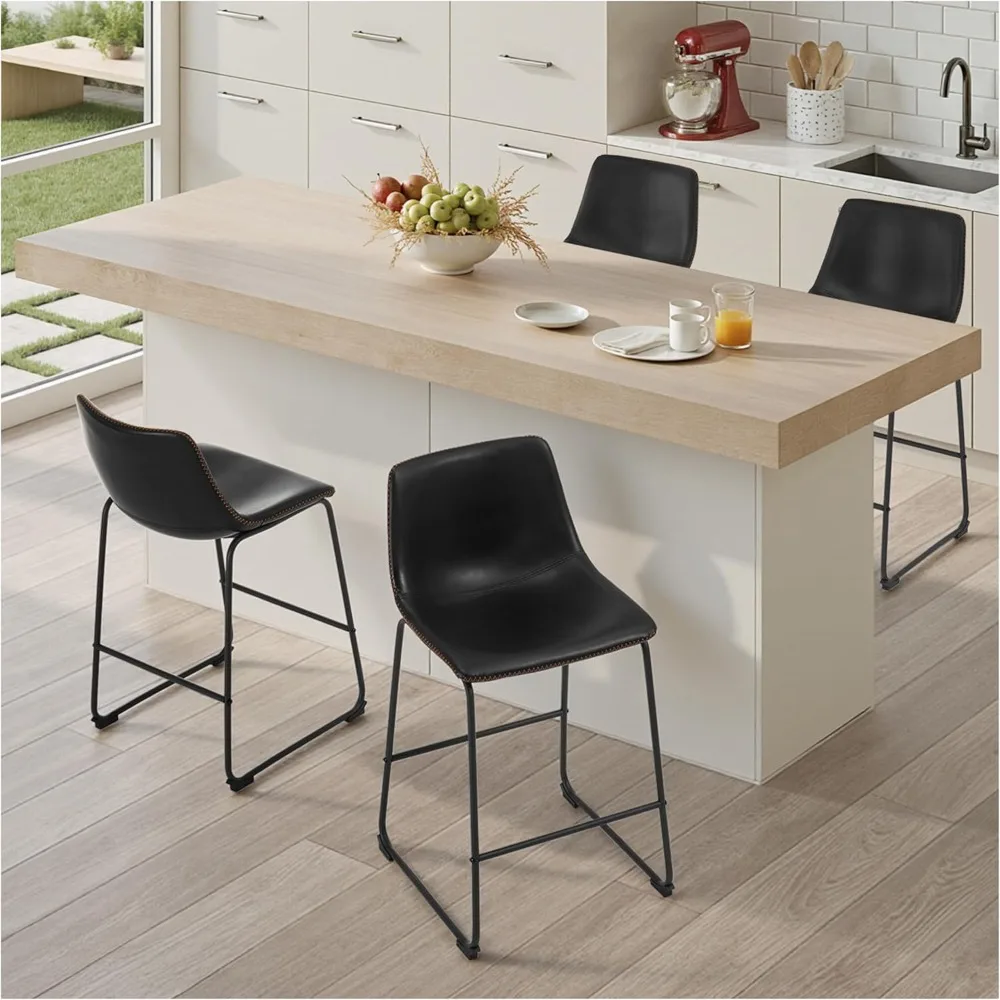 مجموعة مقاعد بار بارتفاع عداد مكونة من 4 قطع، مقاعد للبار مقاس 26 بوصة مع ظهر وأرجل معدنية، كراسي بار جلدية حديثة من Crazy Horse للمطبخ