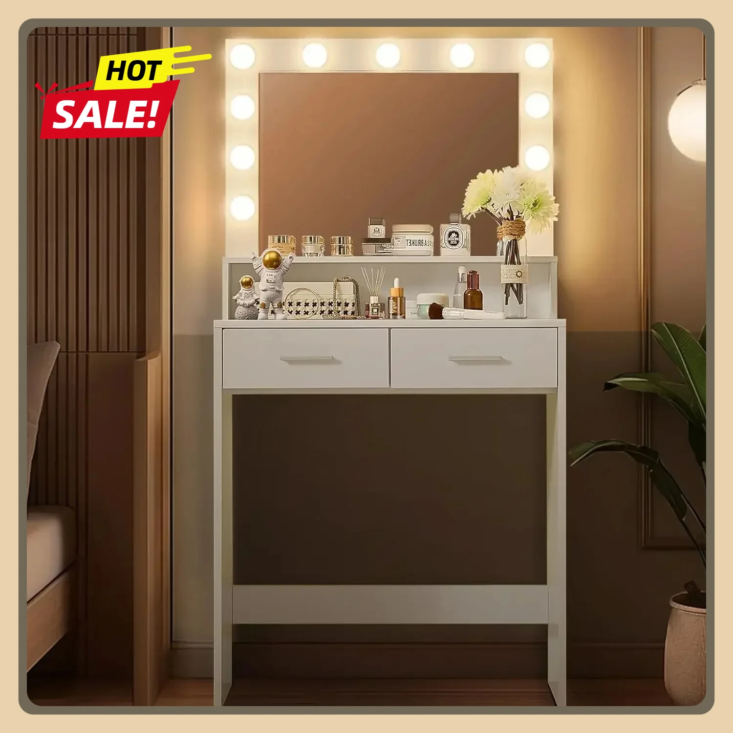 

Vanity Desk, Dressing Table with Large Drawer 3 Lighting Modes Adjustable with Mirror and Lights, 2 Level Storage Dresser