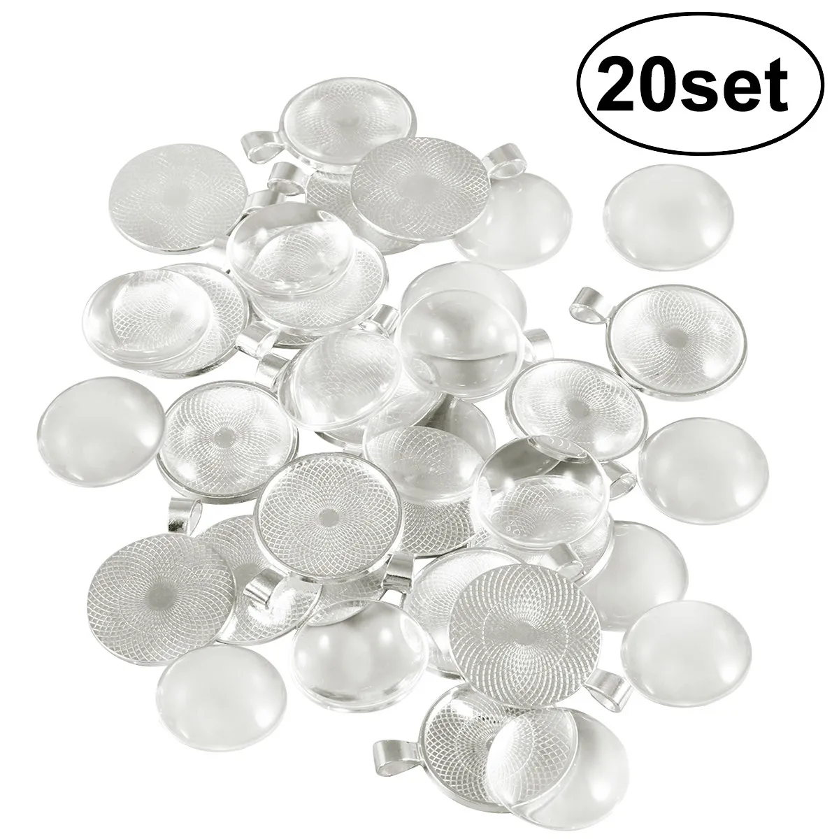 

20Set Glass Dome Pendant Trays Round Alloy Settings 25Mm for Photo Resin Jewelry Making Blanks Silver