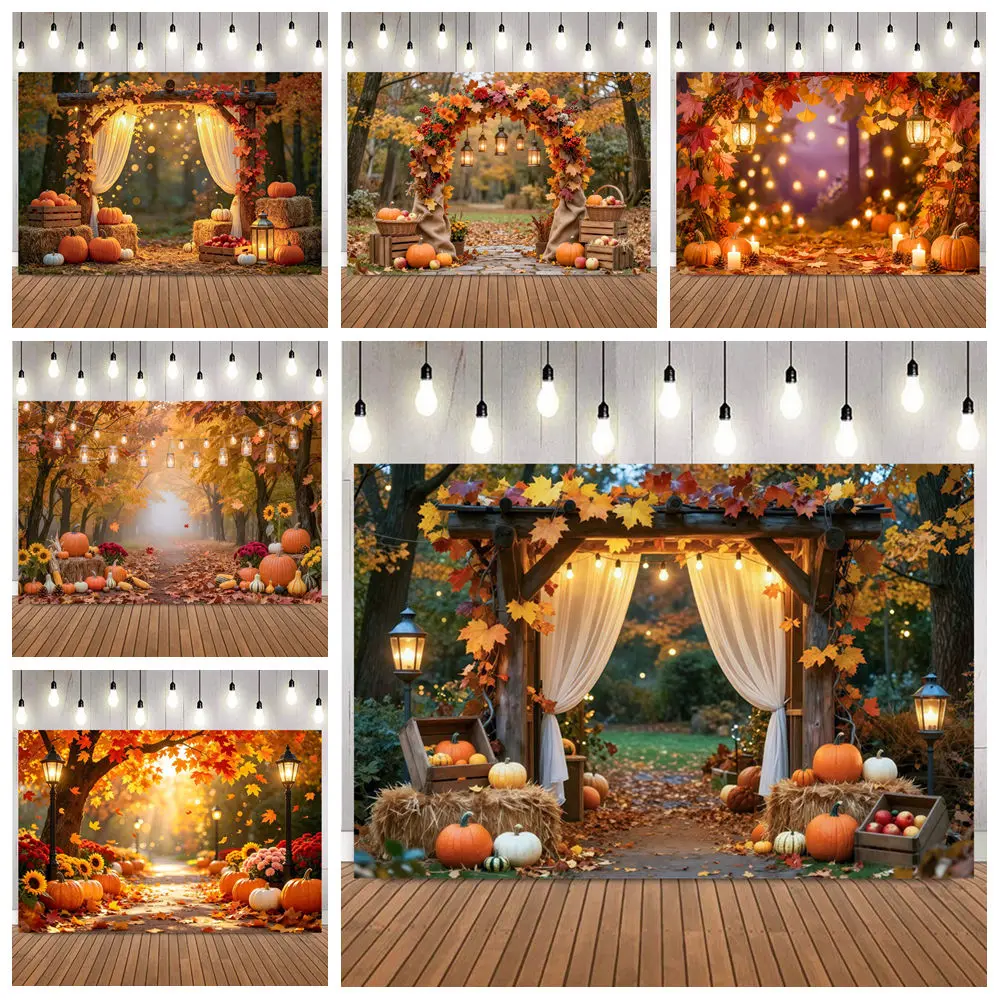 Autumn Farm Harvest Backdrop Warehouse Wood Barn Scarecrow Pumpkin Fall Maple Leaves Photography Background Banner