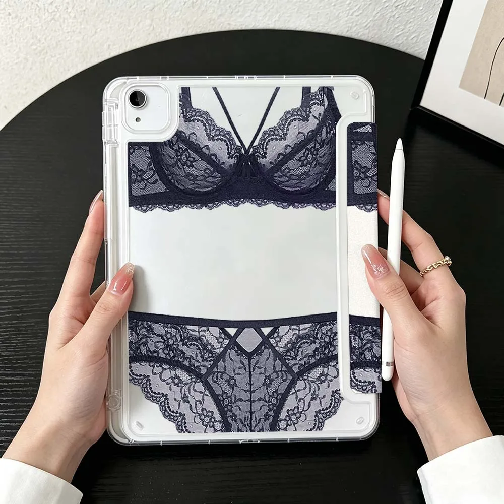 Luxury Lace Lingerie Case For iPad Mini Pro Air 5 6 7 8 9 10th 11th 11 9.7 10.9 13 inch Transparent Y-Shaped Folding Tablet