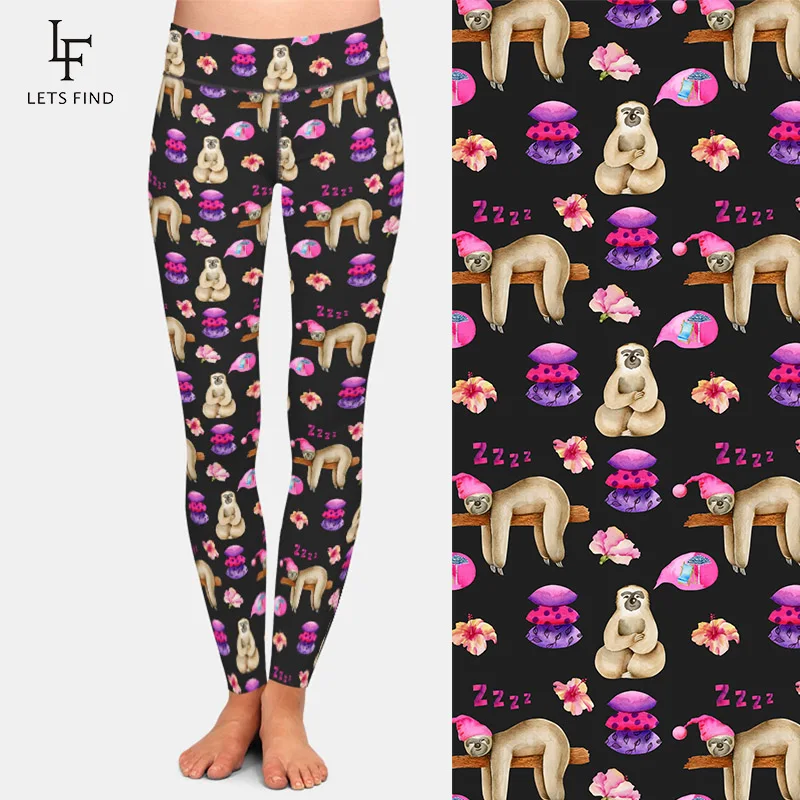 Letsfind 220gsm duplo lado escovado leite impressão de seda bonito dormindo sloths padrão calças femininas cintura alta magro leggings