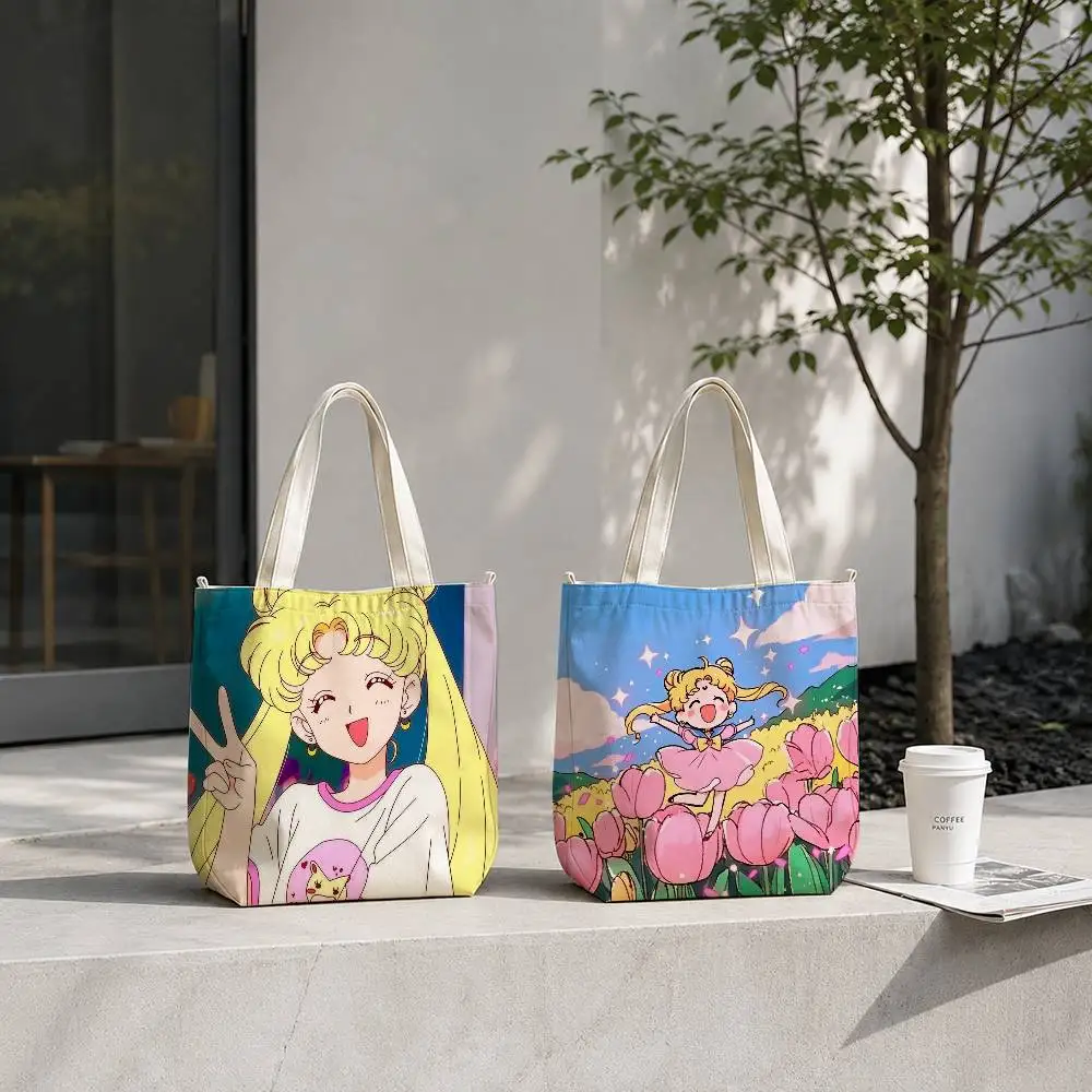 Cute girls S-Sailors M-Moon-es World Tote Bag for Women Reusable Shopping Tote Bag Zippered Shoulder Bags Print