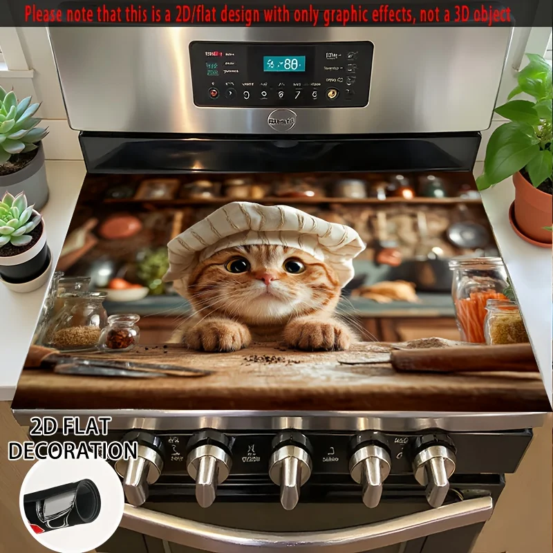 1pc Decorative Stove Cover, Cute Chef Cat with Hat Pattern, Heat-Resistant & Non-Slip Protective Mat for Induction/Glass Stoves