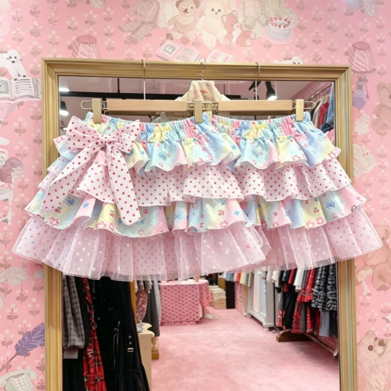 Japanese Kawaii Polka Dot Puffy Skirt Y2K Sweet Bow Cake Mini Skirt Cute Lolita Printed Short Skirt Women Stylish Splicing