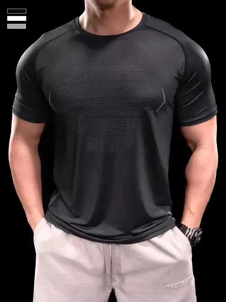 

Summer Casual Comfort Running Gym Men Shirt Short Sleeve Tees Elastic Fitting Sports Training Fitness Quick Dry Spandex T-Shirt