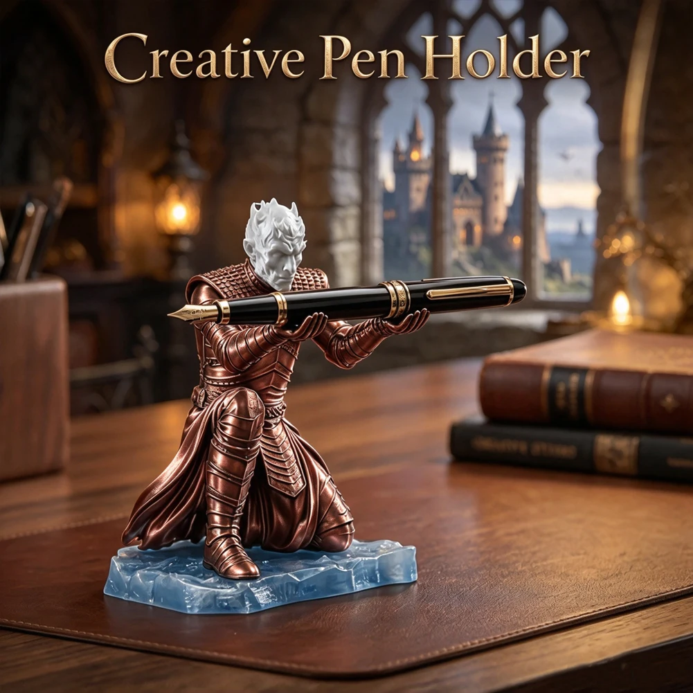 Medieval Ghost Warrior Pen Holder Vintage Kneeling Knight Pencil Stand 3D Printed Figurine Office Desk Stationery Display Decor