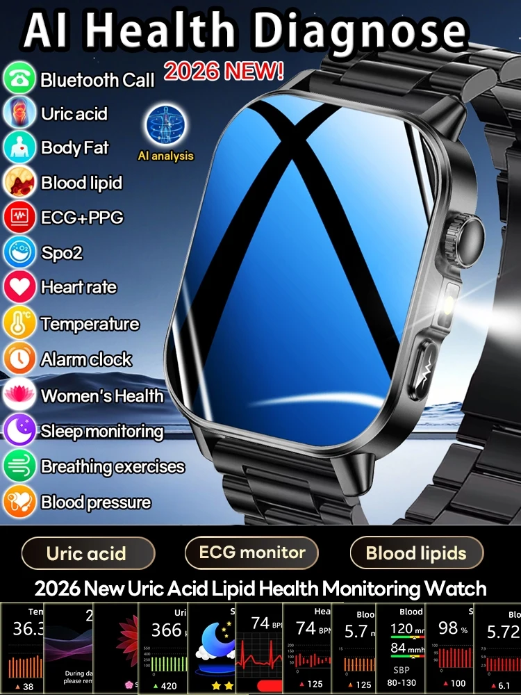 2026 Neue Professionelle Gesundheits-Smartwatch für Männer EKG BP HR Harnsäure Lipid BMI Körperanalyse Bluetooth-Anruf Smartwatch für Frauen