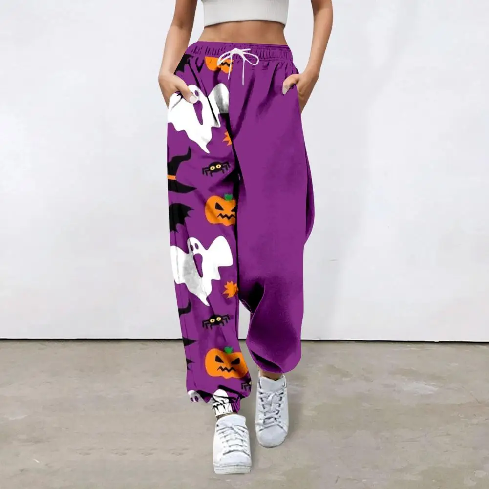 Women Wide Leg Sweatpants Adjustable Drawstring Sweatpants Halloween Pumpkin Print Women's Sweatpants with High for Fitness