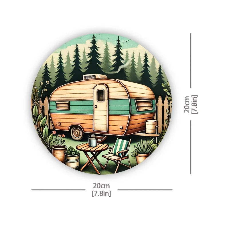 Vintage Camper Trailer Pine Forest 2D Round Metal Tin Sign 20x20cm Outdoor Camping Table Chair Iron Plaque Campsite Decor