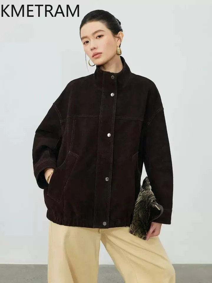 KMETRAM Real Top-Grain Cowhide Suede Leather Jacket Woman Old Money Style Coat Brown Leather Jackets 2026 New Women Clothes 가죽자켓