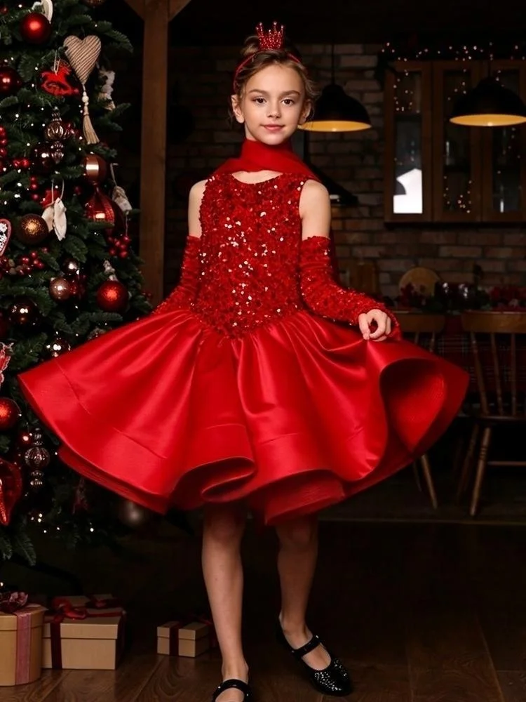 Custom Luxury Dress Women Wedding Guest Gown Flower Girl Gown Luxury Birthday Party Gown Pageant Show Sequin Sleeveless Satin