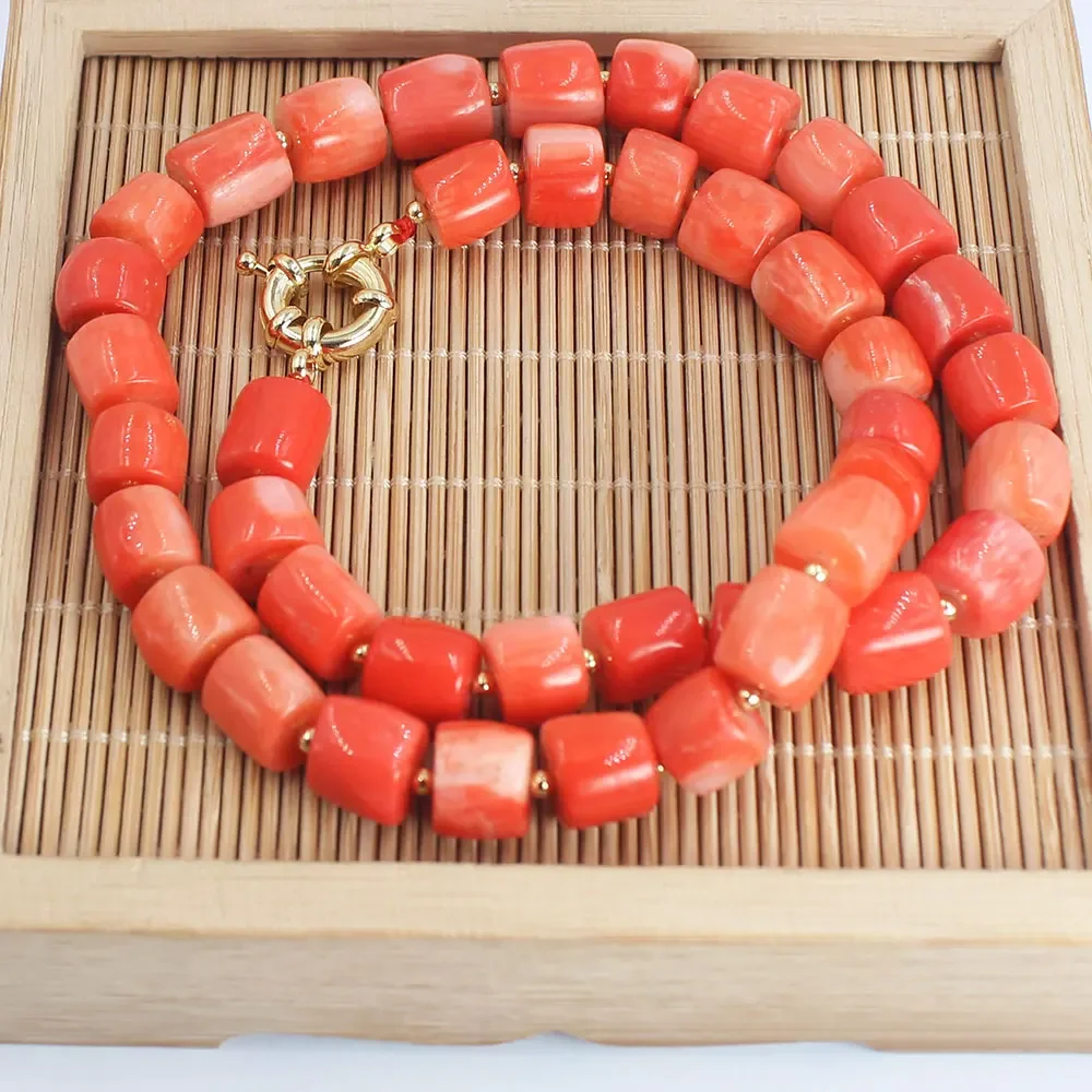 9-10mm Drum Column Orange Natural Sea Bamboo Coral Irregular Chokers Short Necklace for Mother\'s Day Jewelry Gift 18\