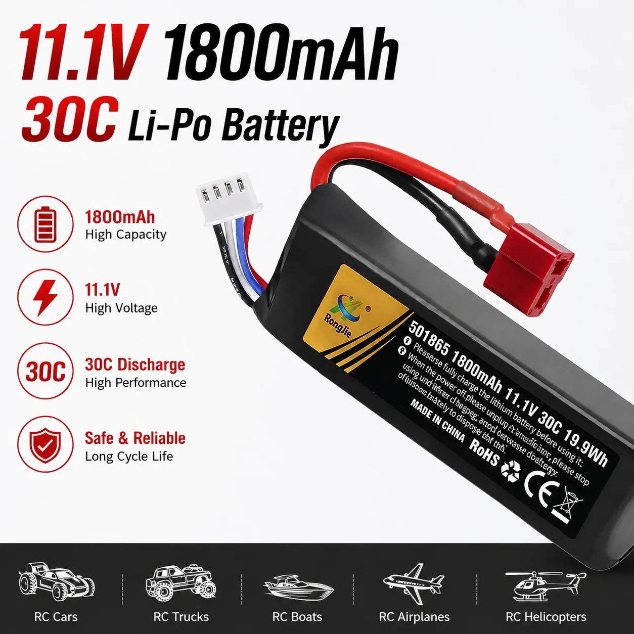 

11.1V 30C 1800mAh Li-Po Battery for RC Rock Crawler Off-Road Truck Aircraft 4WD Car - High Discharge Rechargeable with T-Plug