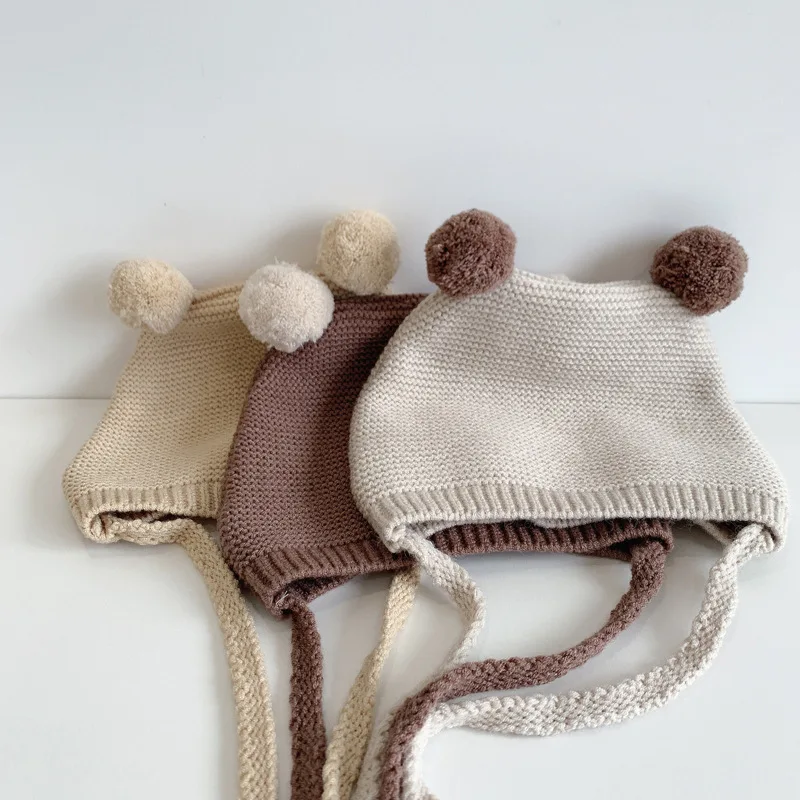 Pompon Baby Mütze Säugling Herbst Winter warme Häkel haube Kleinkind Gehörschutz Pullover Mütze Kinder einfarbige Strick mütze – Detail 7