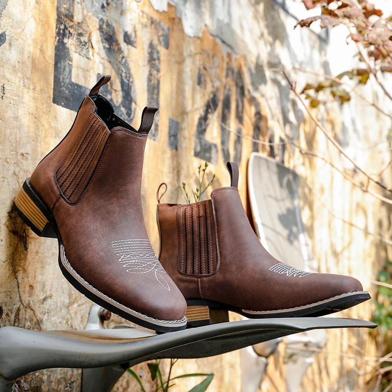 

Men Western Cowboy Boots PU Hand Embroidered Classic Comfortable Men Square Head Casual Ankle Boots