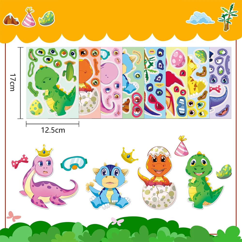 

8/16sheets Animal Dinosaur Puzzle Stickers DIY Make a Face Decoration Decals Funny Jigsaw Cartoon Education Toy Birthday Gift