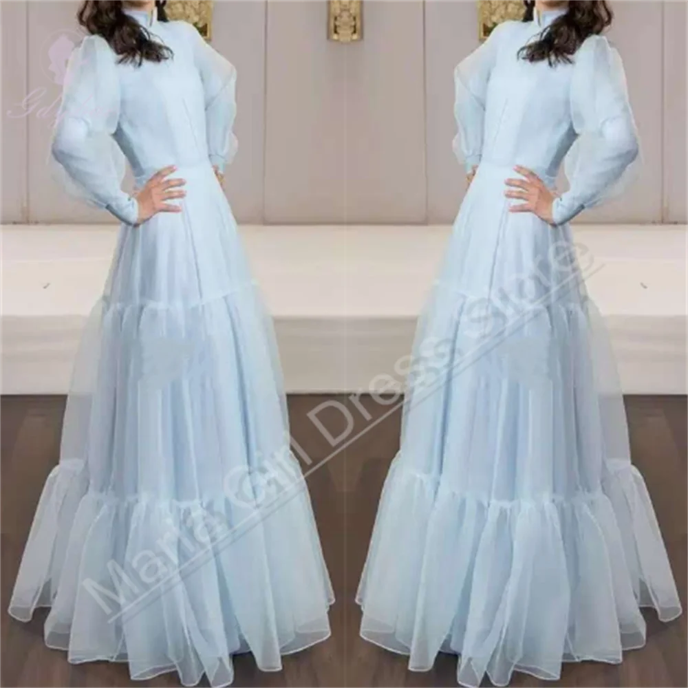 Custom Sky Blue Bridal Sisters Wedding Party Dress Full Sleeve Long Style For First Communion Child Birthday