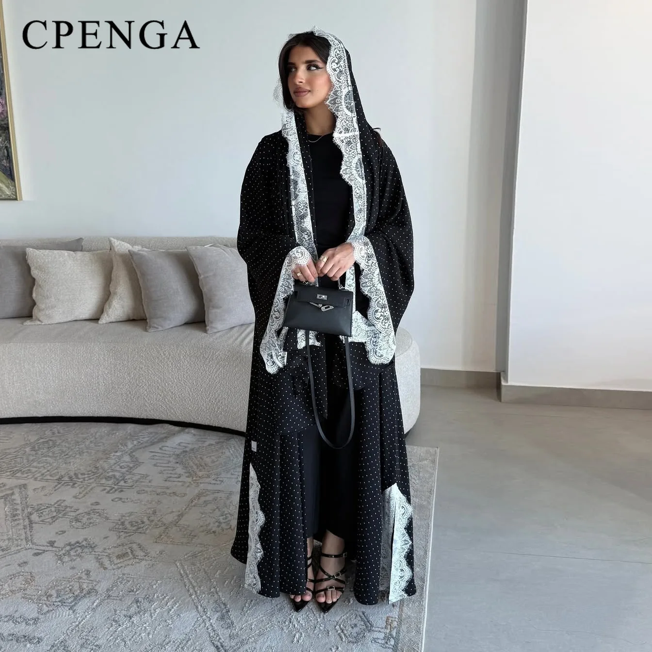 

Two-piece Muslim Dress Set for Women Ramadan Dubai Modest Abaya Dress with Hijab Eid Islamic Polka Dot Robe New Turkey Caftan