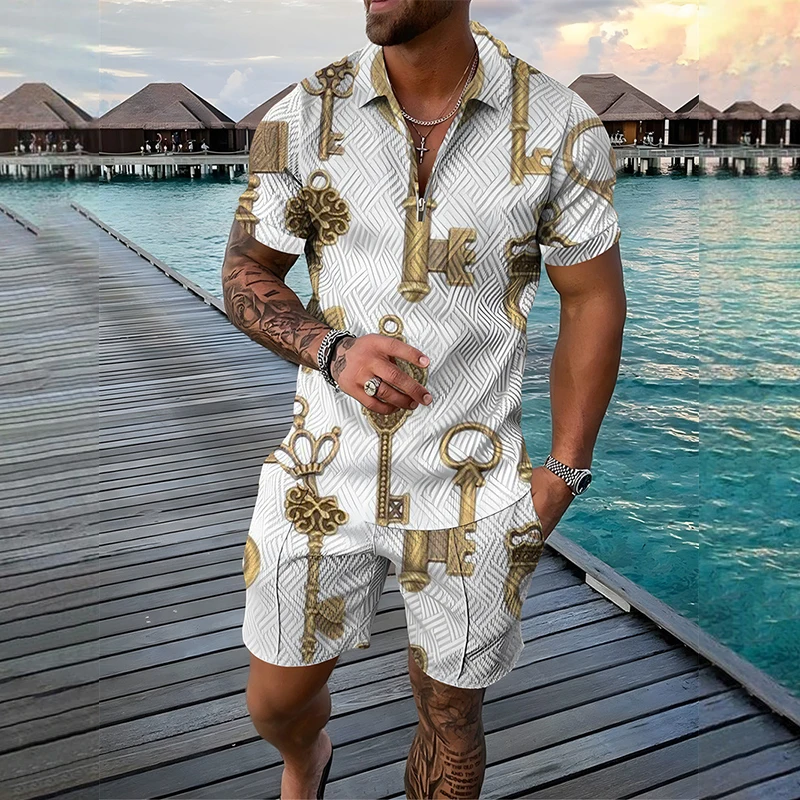 Funny 3D Print Men's Sets Fashion Polo Shirt+Shorts 2 Piece Outfit Fashion Zipper Short Sleeve Shirts Summer Hip Hop Streetwear
