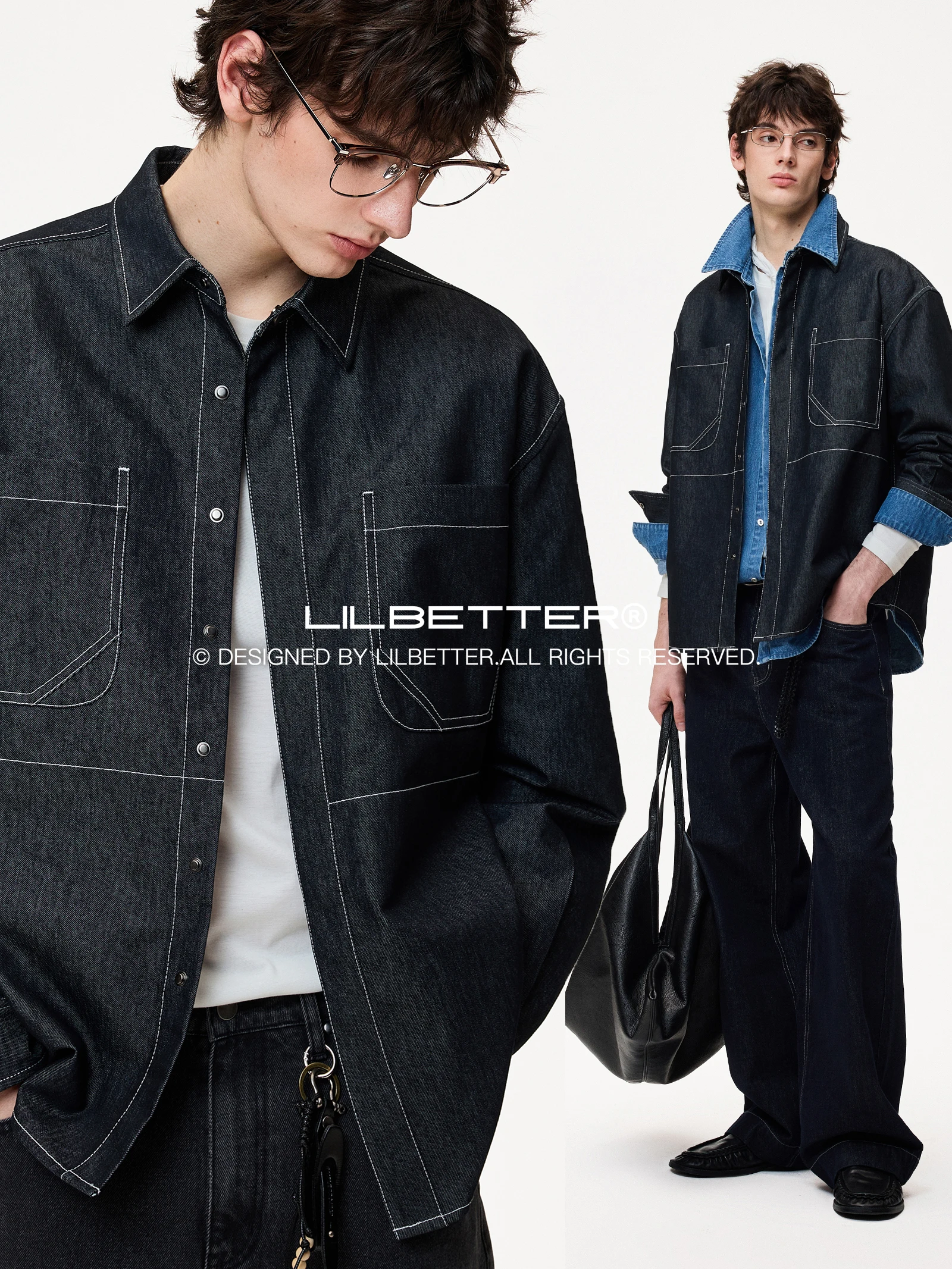 Lilbetter Men's Loose Fit Long Sleeve Shirt Casual Fashion Urban Style Cotton Polyester Blend Denim Look Shirt with Pocket