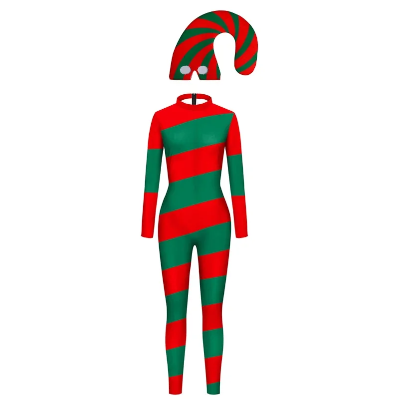 Zawaland Candy Cane Printed Zentai Bodysuit Christmas Colorful Stripe Cosplay Costume Xmas Jumpsuit Hat Holiday Christmas Suits