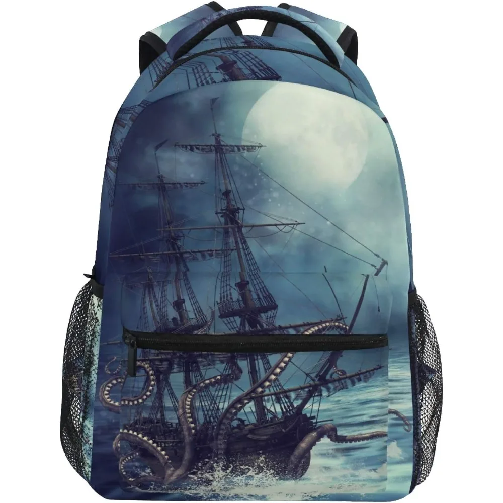 

Рюкзак Fantasy Nautical — Moonlit Sailing Ship, запутанный с щупальцами гигантского осьминога, синий — белый тон, с боковыми сетчатыми карманами