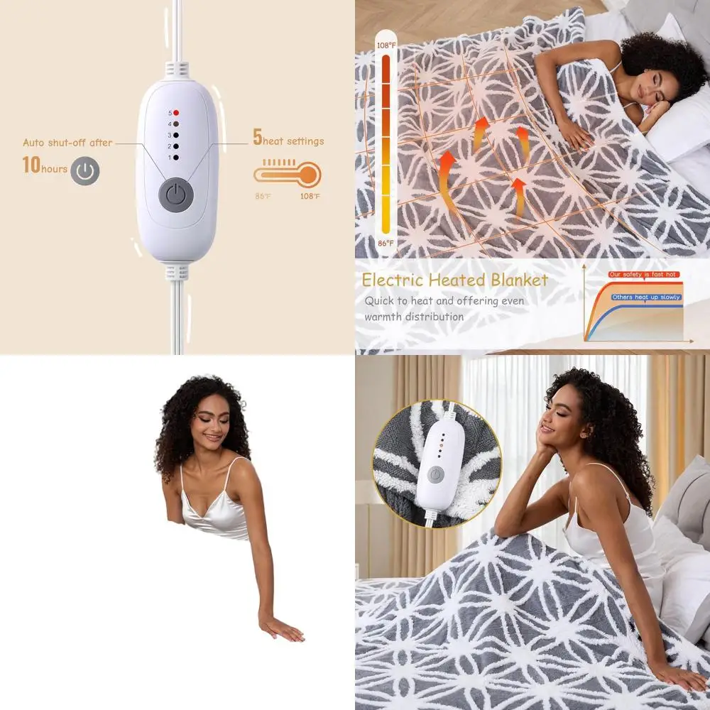

Full Size 72x84 Electric Blanket - Ultra Soft Sherpa Fleece, 5 Heat Settings, 10H Auto-Off, Grey & White