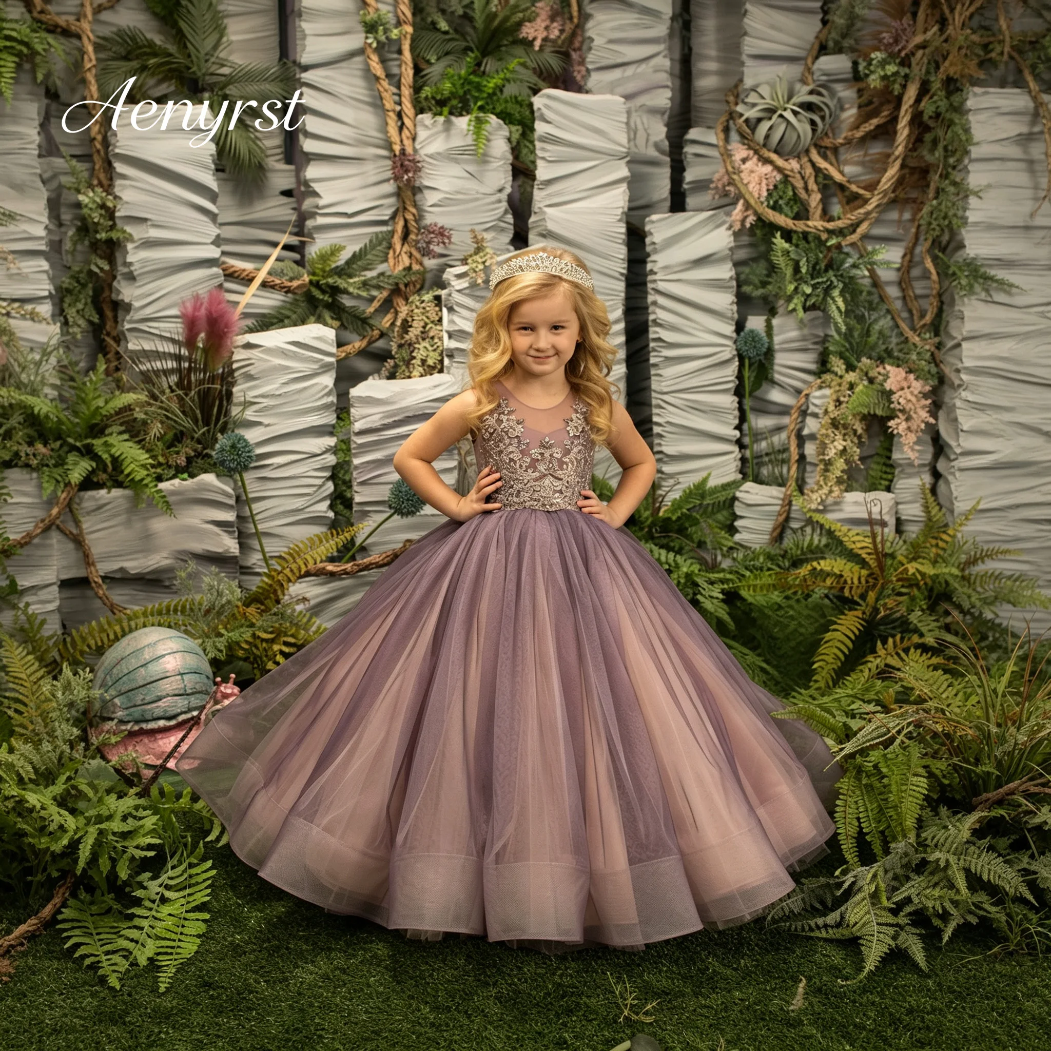 Girls Dusty Purple Beaded Lace Tulle Flower Girl Dress Sleeveless Kids Wedding Formal Party Dress