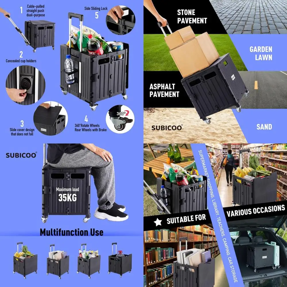 

Портативная складная тележка с крышкой и 4 поворотными колесами для продуктов, покупок, офиса и кемпинга (черный)