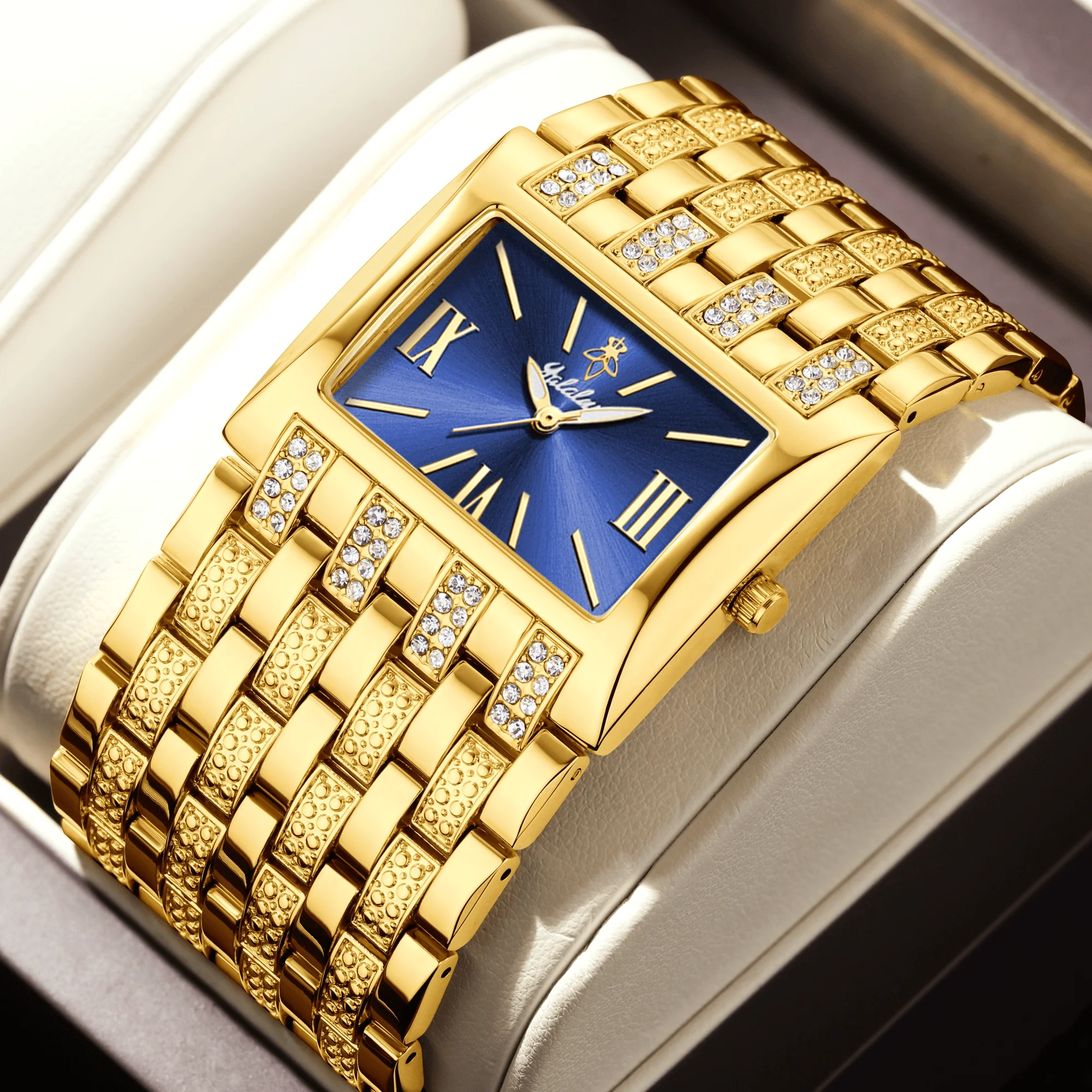 

YaLaLuSi Brand Best Seller New Women's Watch Rectangle Gold Case Blue Dial Crystal Drilling Luxury Ion Plating Gift Box Regulato