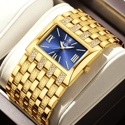 YaLaLuSi Brand Best Seller New Women's Watch Rectangle Gold Case Blue Dial Crystal Drilling Luxury Ion Plating Gift Box Regulato