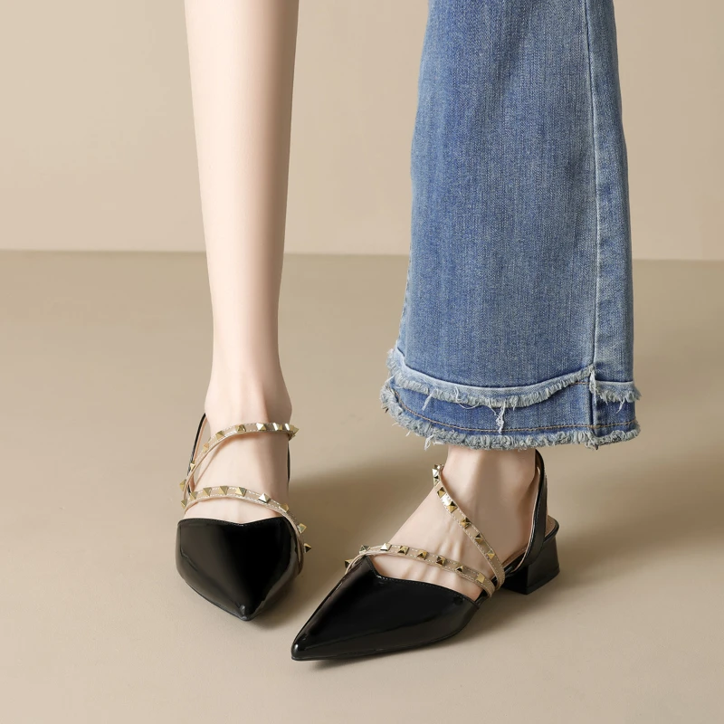 Women Studded Pointed Toe Slingback Flats 2026 New Patent Leather Gold Rivet Low Heel Casual Shoes In Nude Color Simple New view 4