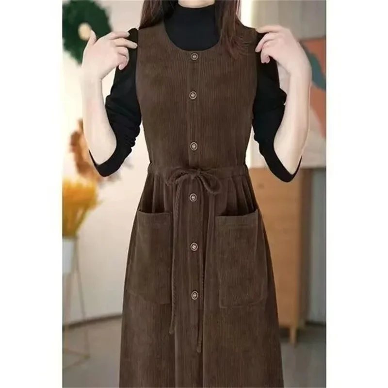 2024 Winter Fake Two piece Corduroy Dress Stylish Women's Dress Draw pleats Slim Waist Dress Women's Retro Knee Over Middle Long - AliExpress 200000345 2024 Winter Fake Two piece Corduroy Dress Stylish Women's Dress Draw pleats Slim Waist Dress Women's Retro Knee Over Middle Long - AliExpress 200000345