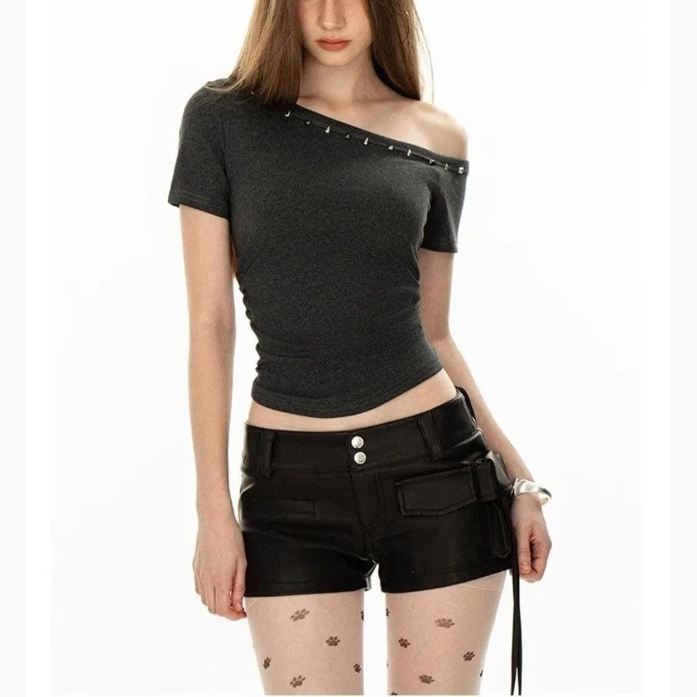 Studded Off Shoulder Top Stretchy Lightweight Asymmetric Neck T-Shirt Cropped Breathable Women’s Short Sleeve Top