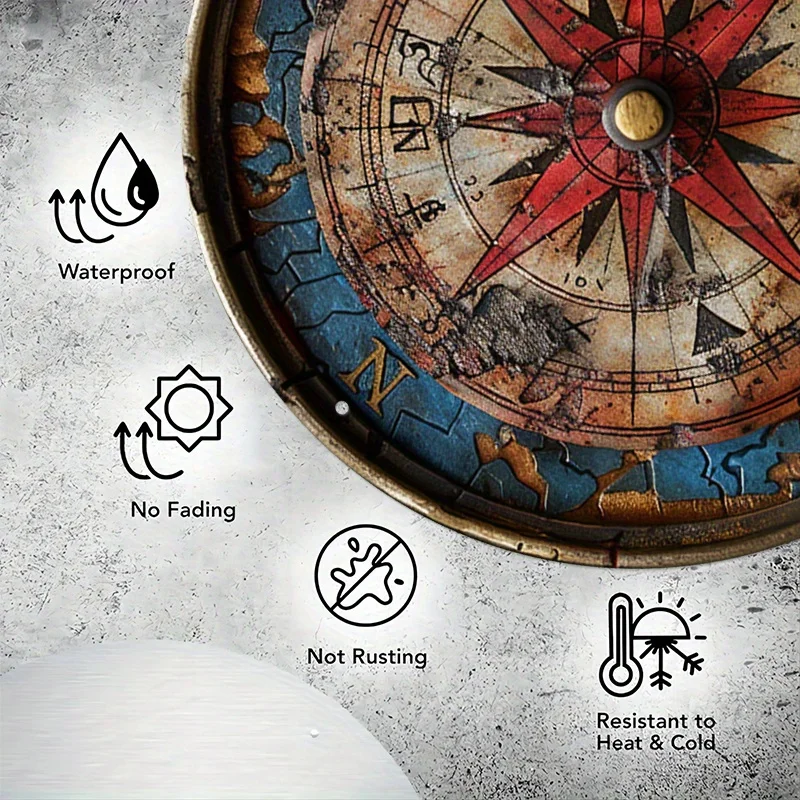 Vintage Compass Aluminum Wall Sign - 8x8 Inch Decorative Round Plaque, Pre-drilled, Weather-Resistant, HD Print - Ideal for Home