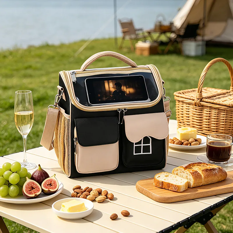 Cartoon House Insulated Lunch Bag Tote Shoulder Handbag Cooler Picnic Food Container with Multiple Pockets Mommy Bag