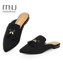 MUSSHOE Ciabatte da donna senza scarpe Mezze pantofole piatte da donna Testa a punta Panino Nappa Scarpe singole da donna di grandi dimensioni Sandali casual