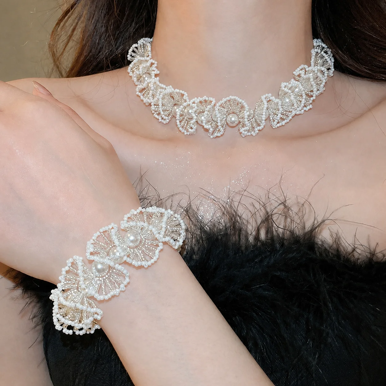 Ivory Pearl Necklace Handcrafted Vintage Floral Choker Elegant Bracelet Set Vintage Hand Beaded Jewelry Set For Friend Dating