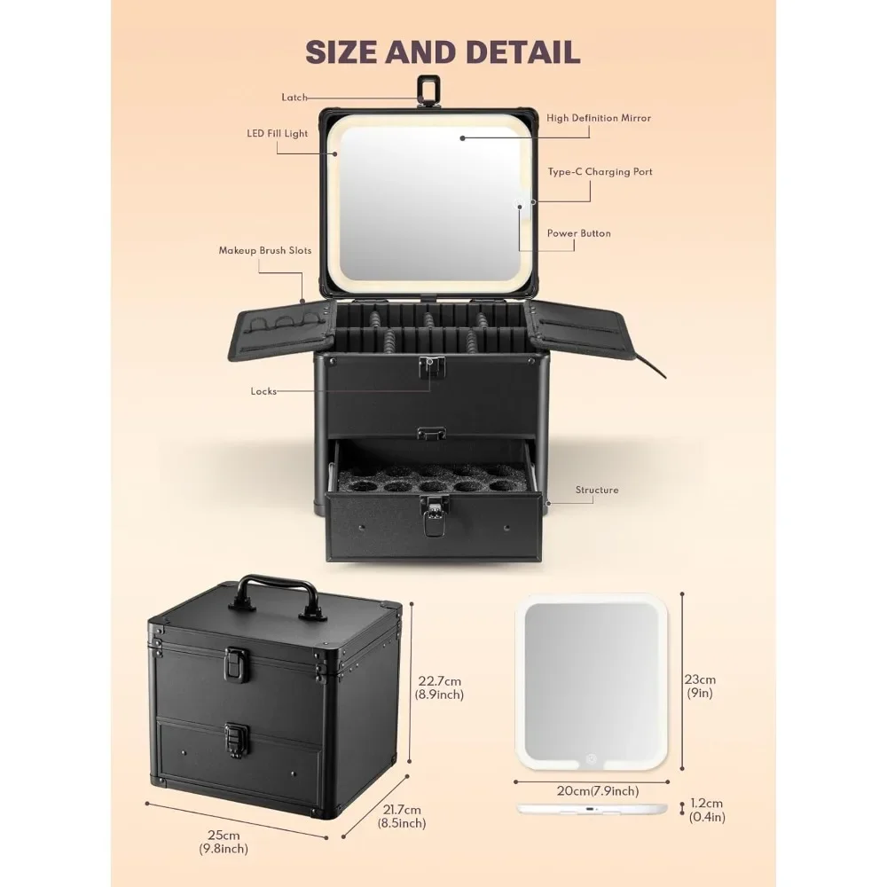 صندوق مكياج Qislee مع درج ومرآة مضاءة قابلة للفصل، وحقيبة تدريب للسفر مقاومة للماء، ومنظم مستحضرات التجميل والمكياج #3