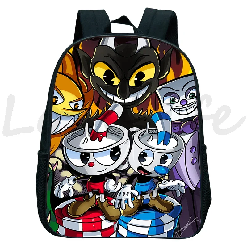 Cuphead Cartoon Print School Bags for Kids, Kindergarten Backpack, Toddler Bookbag, Impermeável, Anime, Meninos, Meninas, 12"