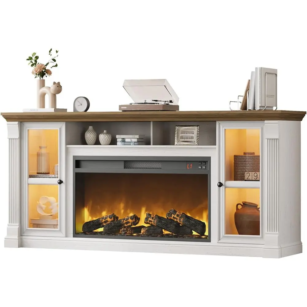 

Up to 80 TV Stand, 70 Highboy Entertainment Center with 36 Electric Fireplace & LED Lights, Adjustable Media Shelf, Antique Whit