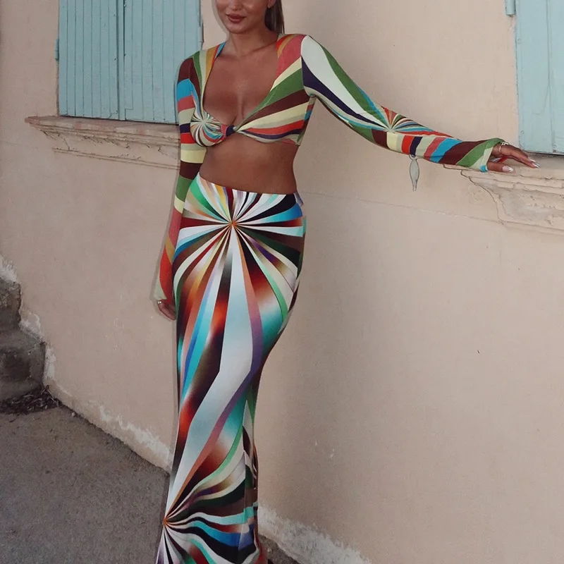 Color Block Printed 2 Piece Women Set Wrap Long Sleeve Crop Top High Waist Long Skirt Set Beach Party Holiday Matching Set
